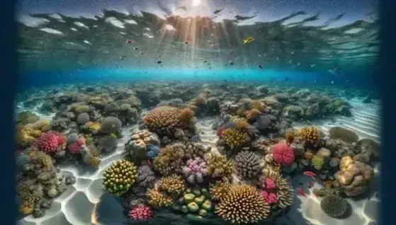 Vista panorámica submarina de un arrecife de coral con formaciones coloridas, peces de arrecife y una escuela de peces plateados bajo la luz del sol.