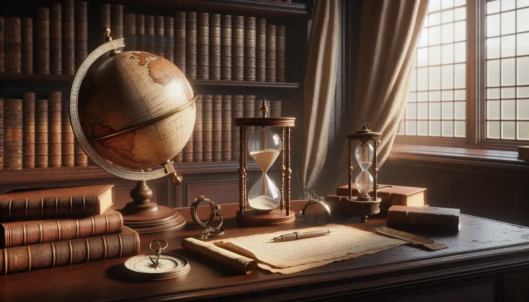 Estudio del siglo XVII con mesa de madera oscura, globo terráqueo antiguo, compás sobre papel, reloj de arena y estantería con libros encuadernados.