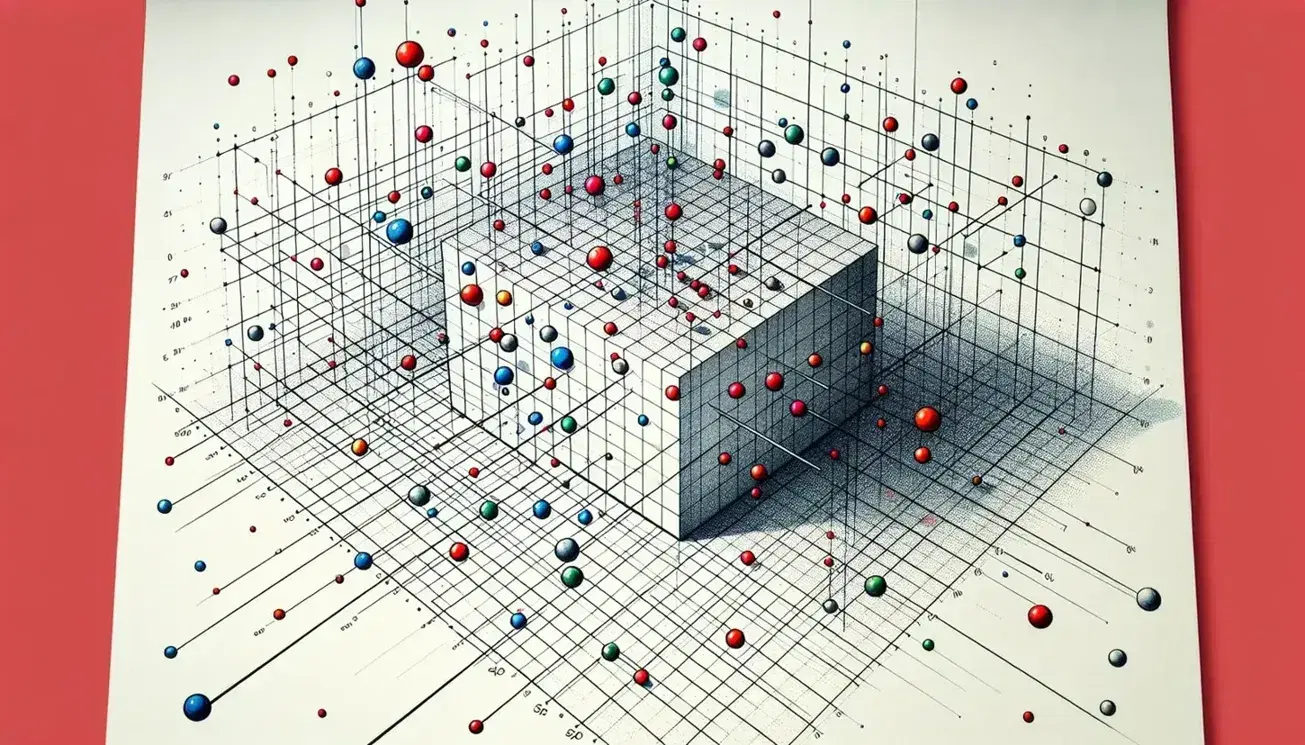 Composición geométrica con puntos de colores, líneas rectas y un cubo tridimensional sobre fondo de cuadrícula, sin intersecciones y con juego de sombras.