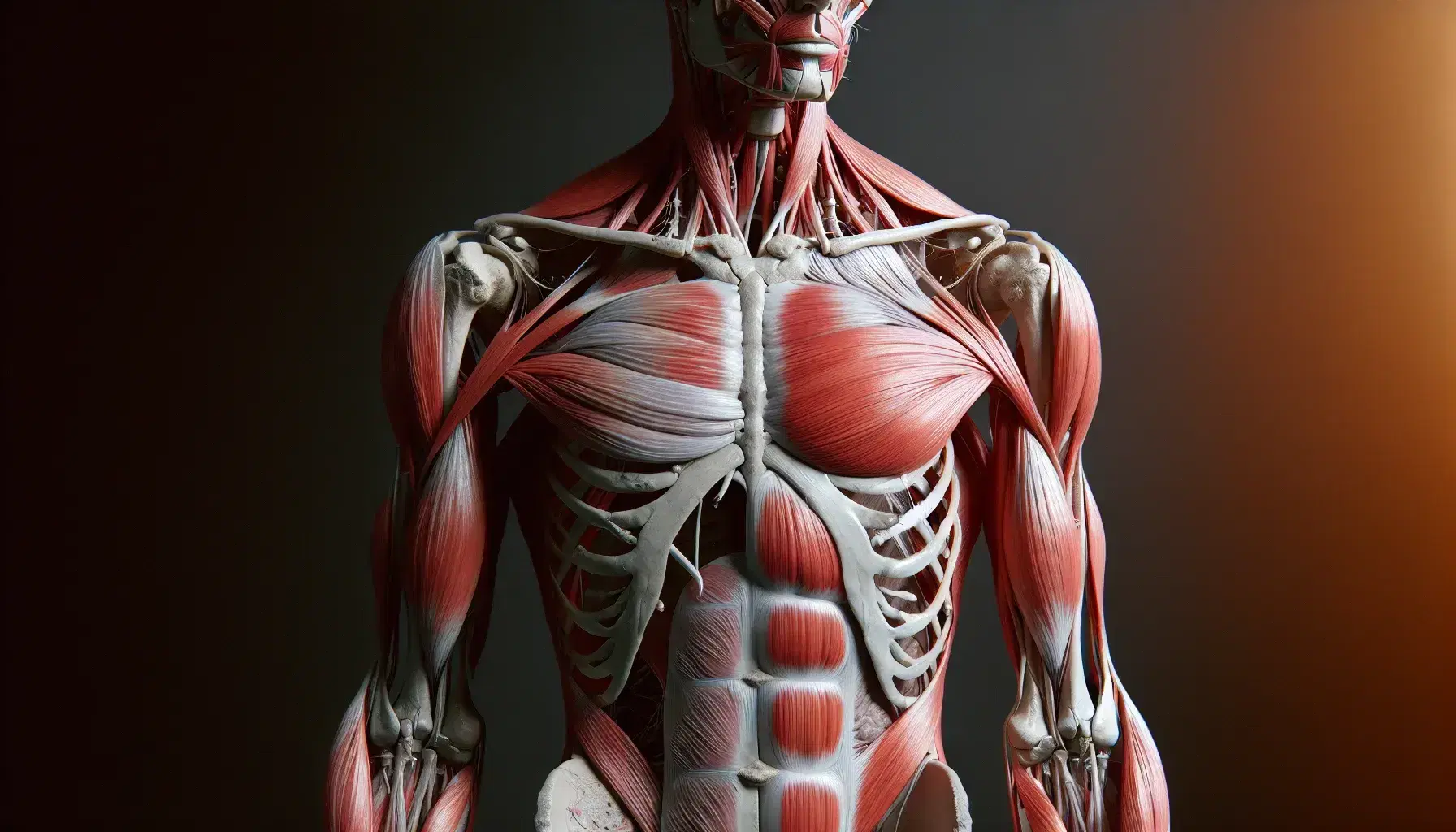 Vista anatomica dettagliata del sistema muscolo-scheletrico umano con muscoli e ossa dell'upper body evidenziati.