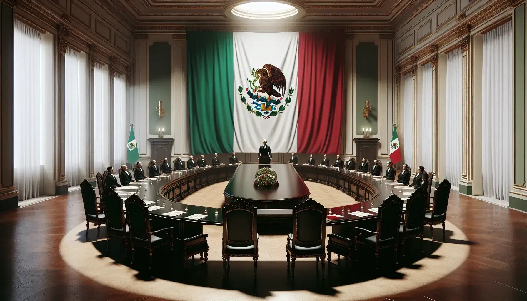 Sala de reuniones formal con mesa ovalada de madera oscura, sillas clásicas y bandera de México, con una persona de pie hablando y otras escuchando.