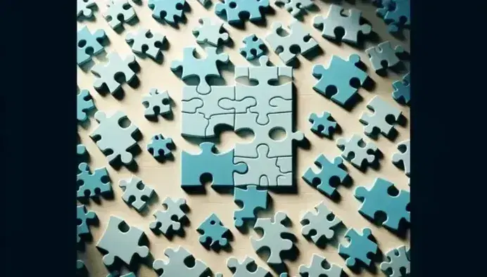Pezzi di puzzle blu sparsi su superficie in legno chiaro con spazio vuoto centrale a forma di tessera mancante, ombre morbide evidenziano profondità.