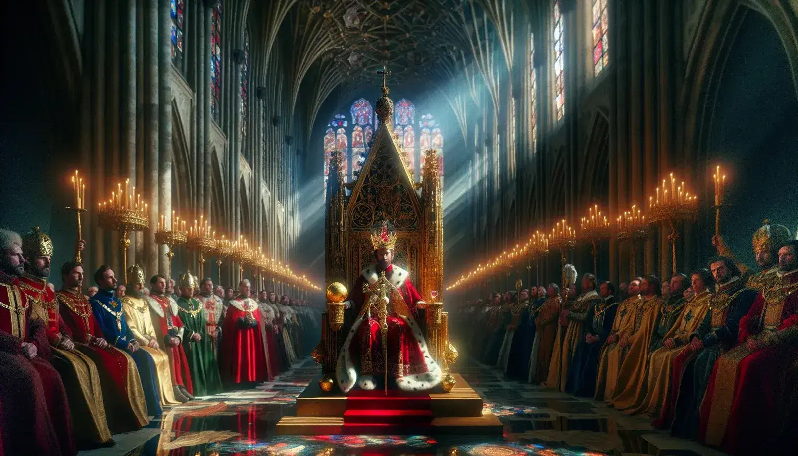 Coronazione medievale in cattedrale gotica con re in trono dorato, mantello rosso e corona gemmata, guardie in armatura e nobili in abiti sontuosi.