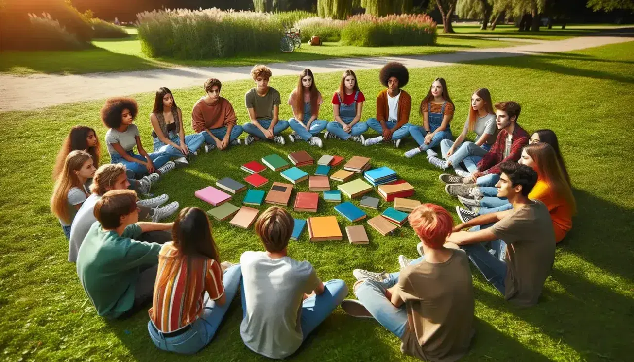 Grupo diverso de adolescentes sentados en círculo en un parque sobre césped verde, con libros de texto en el centro y árboles al fondo en un día soleado.