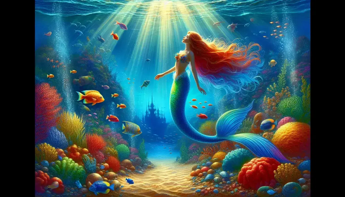 Sirena dai capelli rossi nuota verso la superficie tra pesci tropicali e coralli colorati, con raggi di sole che filtrano nell'acqua.