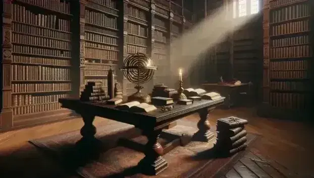 Biblioteca antigua con mesa de madera oscura, libros de cuero, esfera armilar dorada, candelabro encendido y estantes repletos de libros bajo luz tenue.