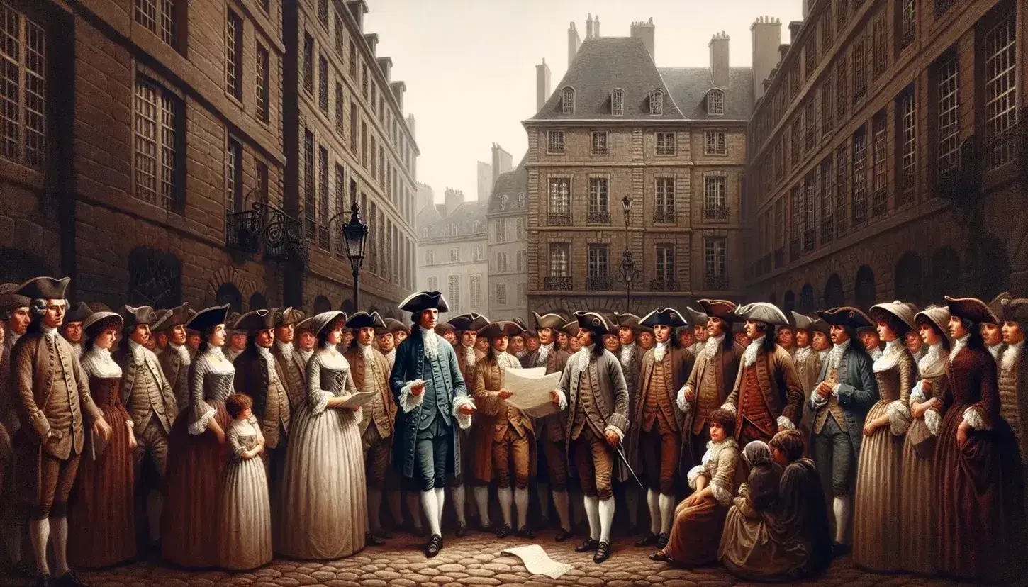 Late 18th-century French scene with people in period attire listening to a man reading a parchment, set against historic buildings and a lush tree.