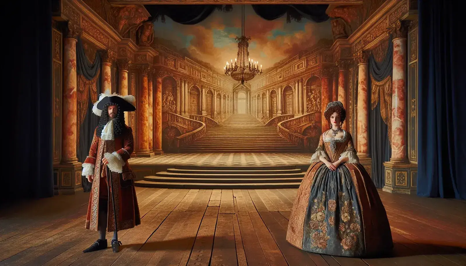 Escenario de teatro barroco del siglo XVII con actores en trajes de época y decorado palaciego, iluminación cálida y efecto de humo sutil.