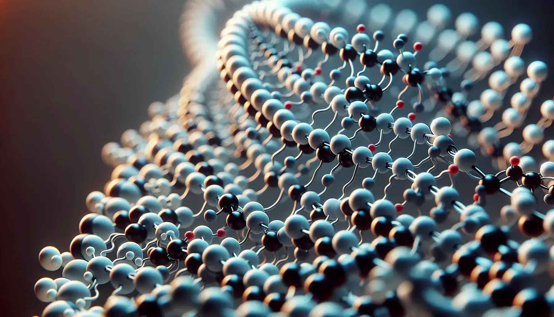 Estructura molecular de una hélice alfa de proteína con átomos representados por esferas de colores y enlaces en gris, destacando su forma curvada.