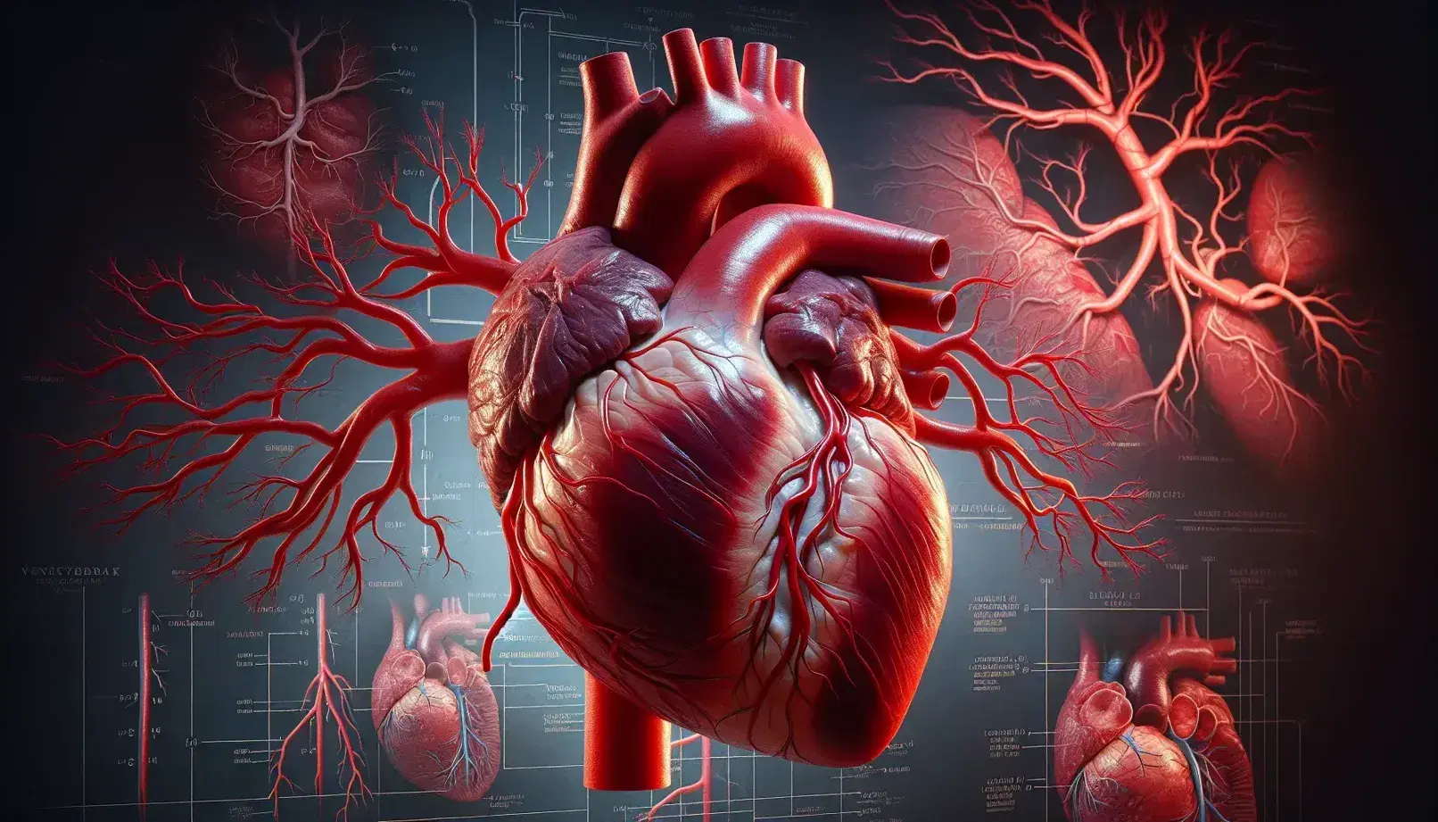 Modelo anatómico detallado de un corazón humano con sus cámaras y vasos principales, junto a sistemas circulatorios de vertebrados e invertebrados y sistema linfático en fondo neutro.