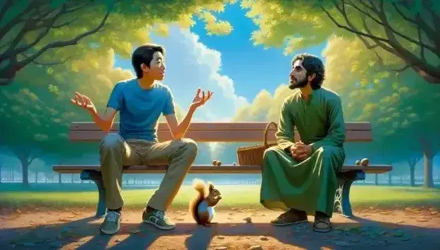 Two people in conversation on a park bench, one gesturing, the other listening intently, with a squirrel between them and a backdrop of green trees under a blue sky.
