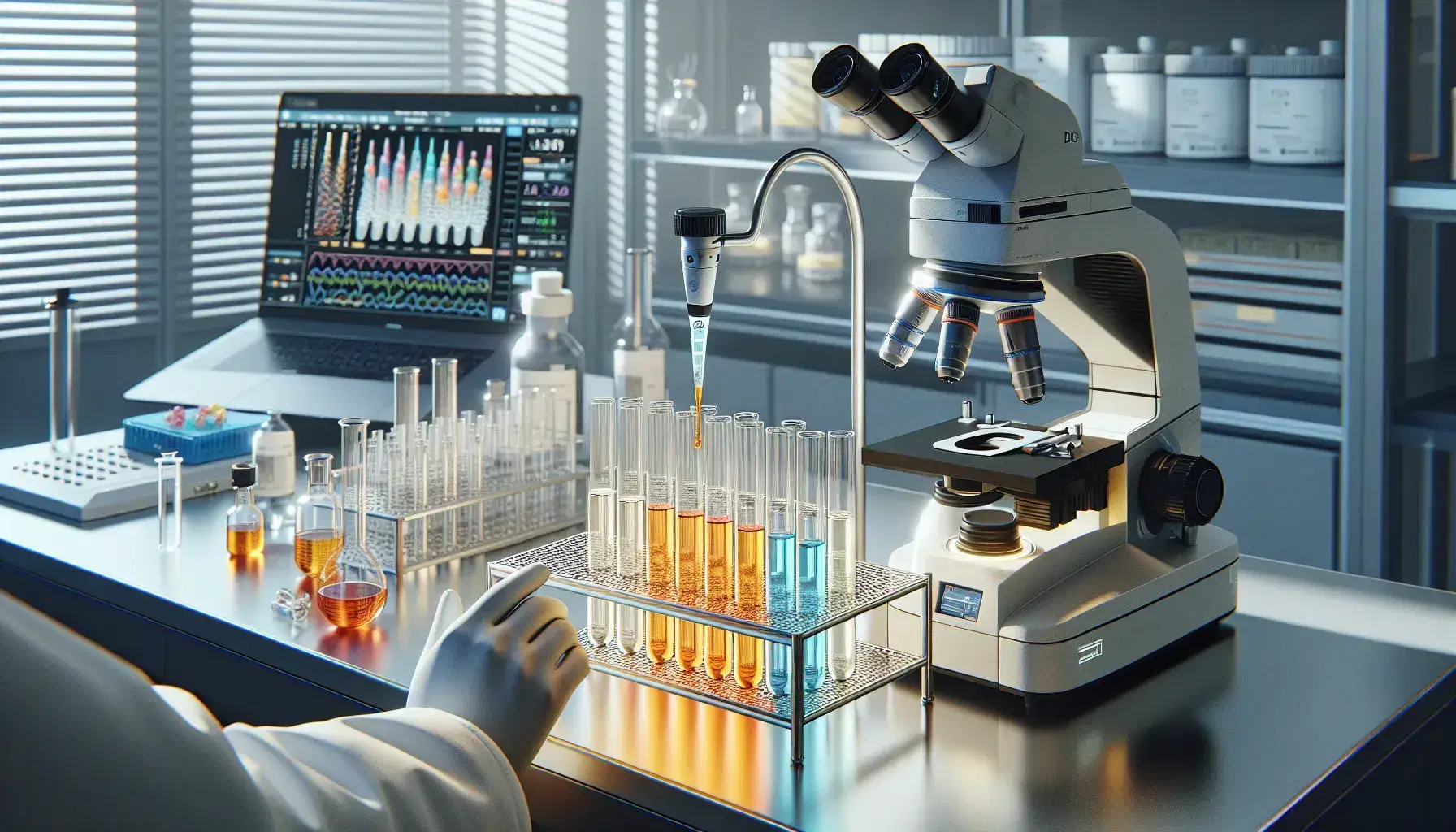 Laboratorio farmaceutico con tavolo metallico, provette colorate, pipetta automatica, microscopio moderno, laptop e braccio con guanto bianco.
