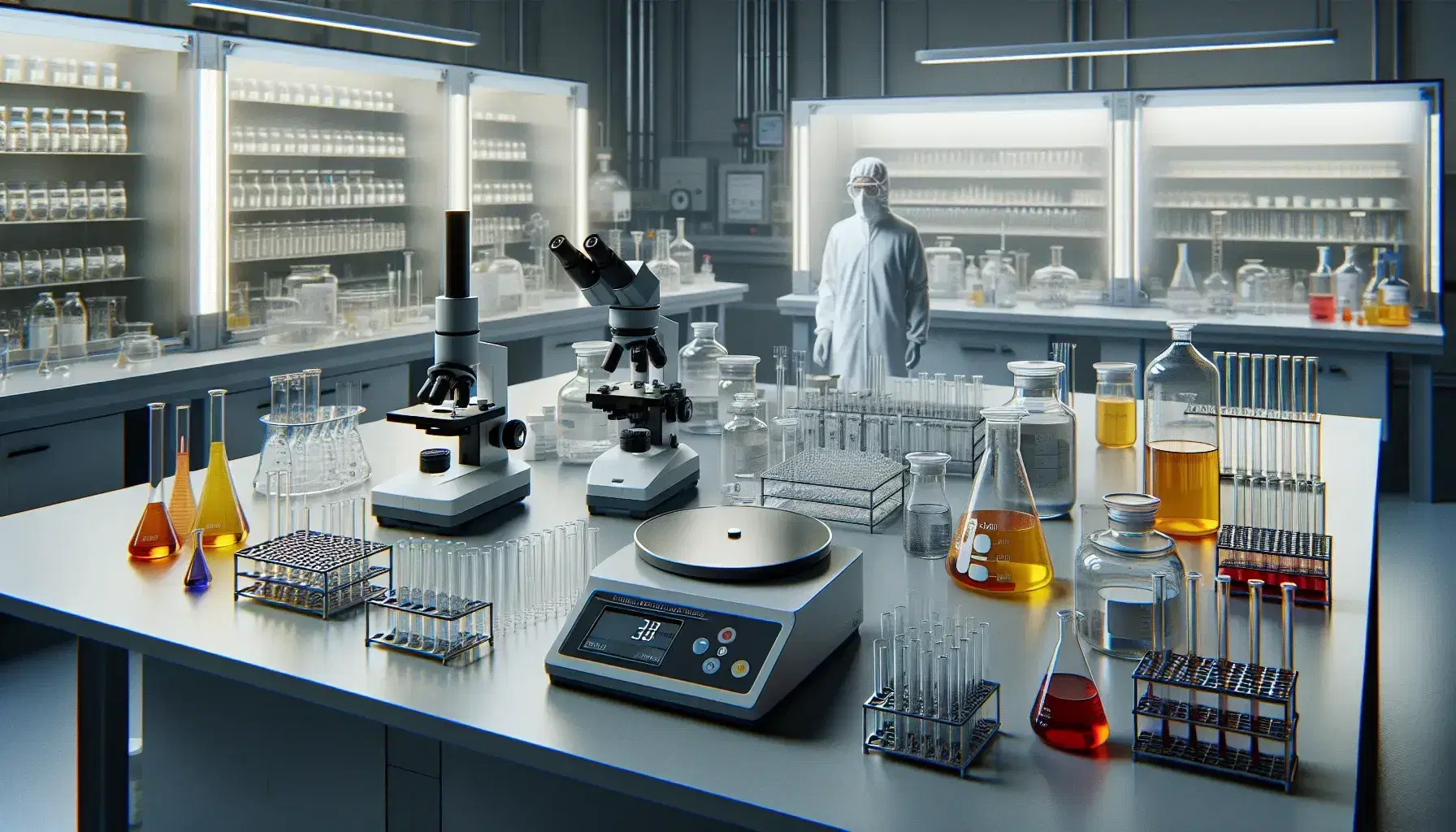 Laboratorio de industria alimentaria con técnico analizando sustancias en frascos de vidrio, microscopio y balanza analítica al fondo.