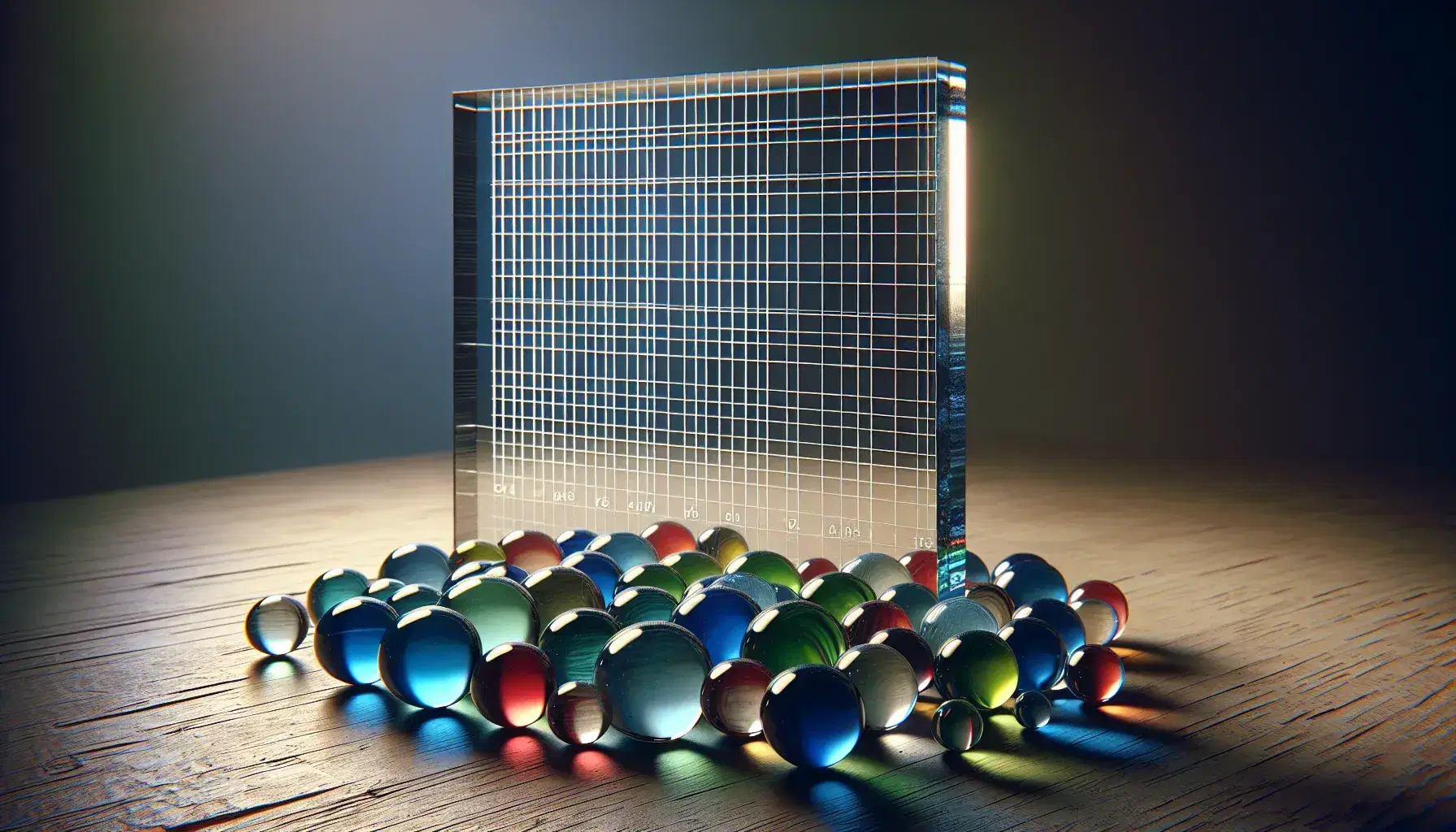 Transparent glass board with thin grid and colored marbles in shades of blue, green, red and yellow scattered on wooden surface.