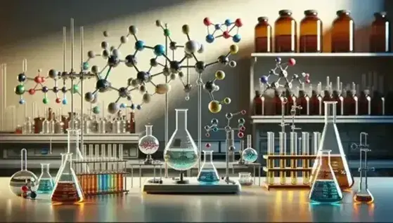 Laboratorio de química con matraces Erlenmeyer de líquidos coloridos, quemador Bunsen, modelos moleculares, balanza analítica y equipo de seguridad.