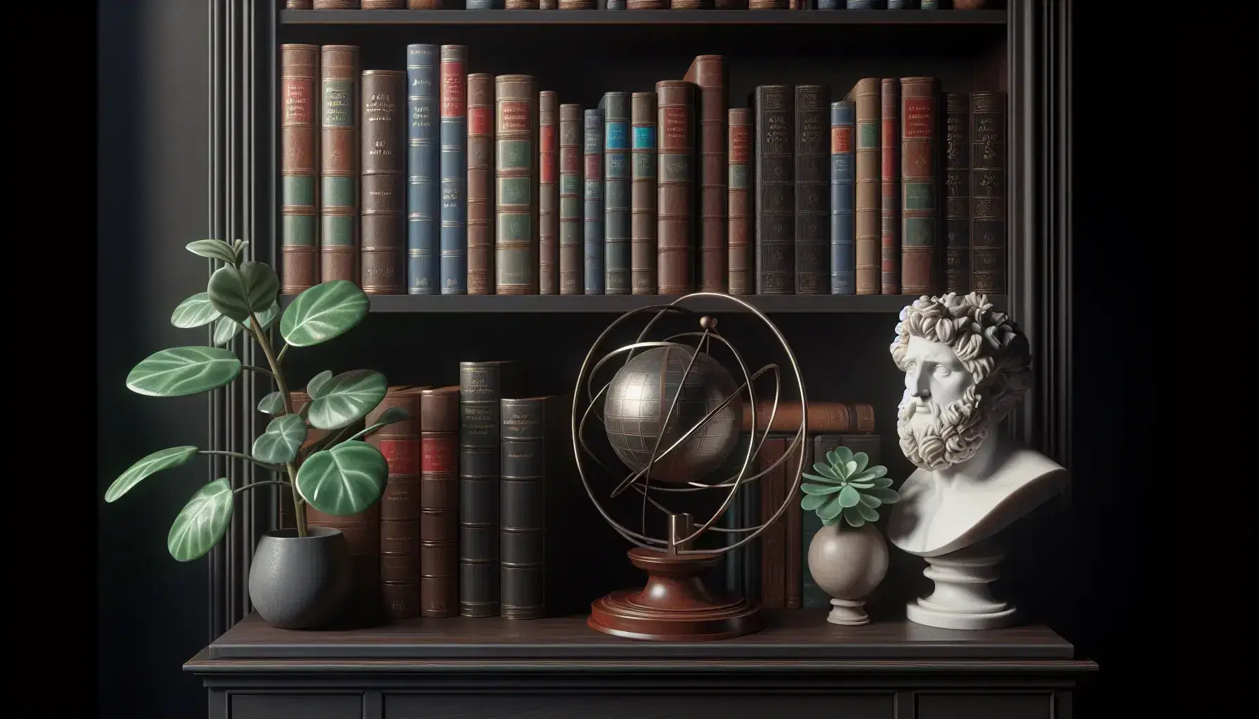 Estante de madera oscura repleto de libros con lomos de colores variados, esfera armilar metálica al centro, planta verde a la derecha y busto de mármol blanco de filósofo en la parte inferior.