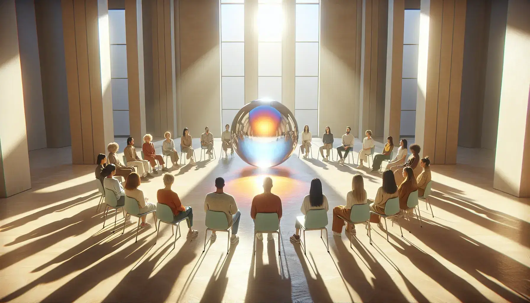 Grupo diverso de personas sentadas en círculo alrededor de una esfera transparente flotante en una sala iluminada naturalmente, reflejando luz y colores.
