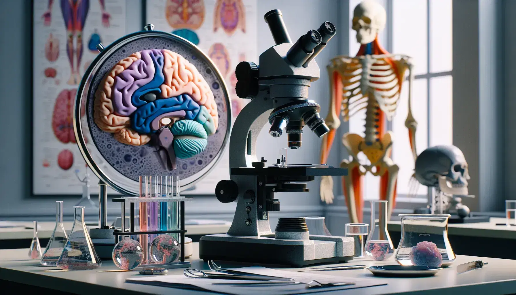 Microscopio compuesto con portaobjetos y muestra biológica, modelo anatómico del cerebro humano y esqueleto en laboratorio de biología.