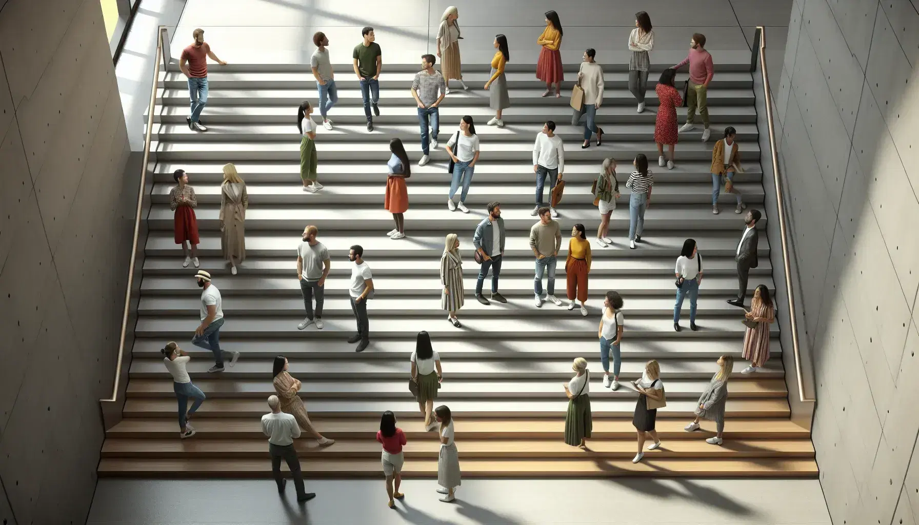 Diverse group of people of different ages and ethnicities on a diagonal staircase, some in formal clothes, others in casual, in bright environment.