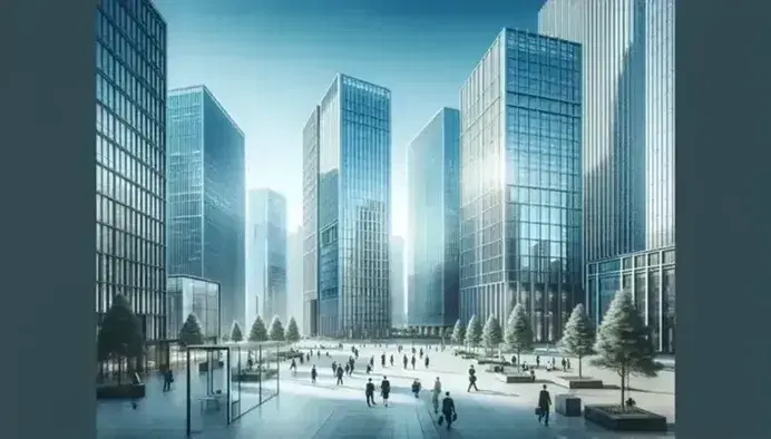 Paisaje urbano moderno con rascacielos de vidrio y acero bajo un cielo azul, plaza pública con personas y árboles perennes.