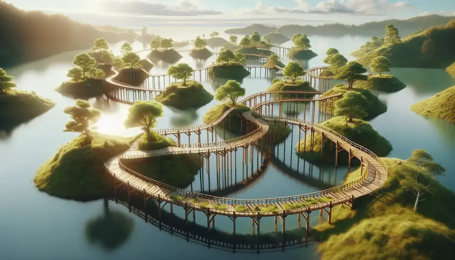 Ponte di legno che attraversa isole verdi in un lago tranquillo, con alberi lussureggianti e giochi di luce sull'acqua.