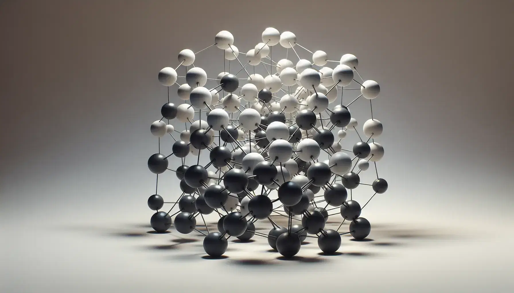 Estructura tridimensional de esferas blancas y negras unidas por varillas grises, simulando una red molecular con ramificaciones.