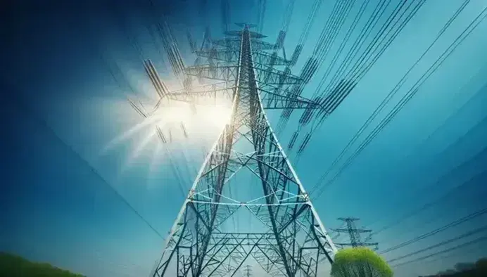 Torres de transmisión eléctrica de metal con cables paralelos bajo un cielo azul claro, rodeadas de árboles verdes y con un efecto de destello solar.
