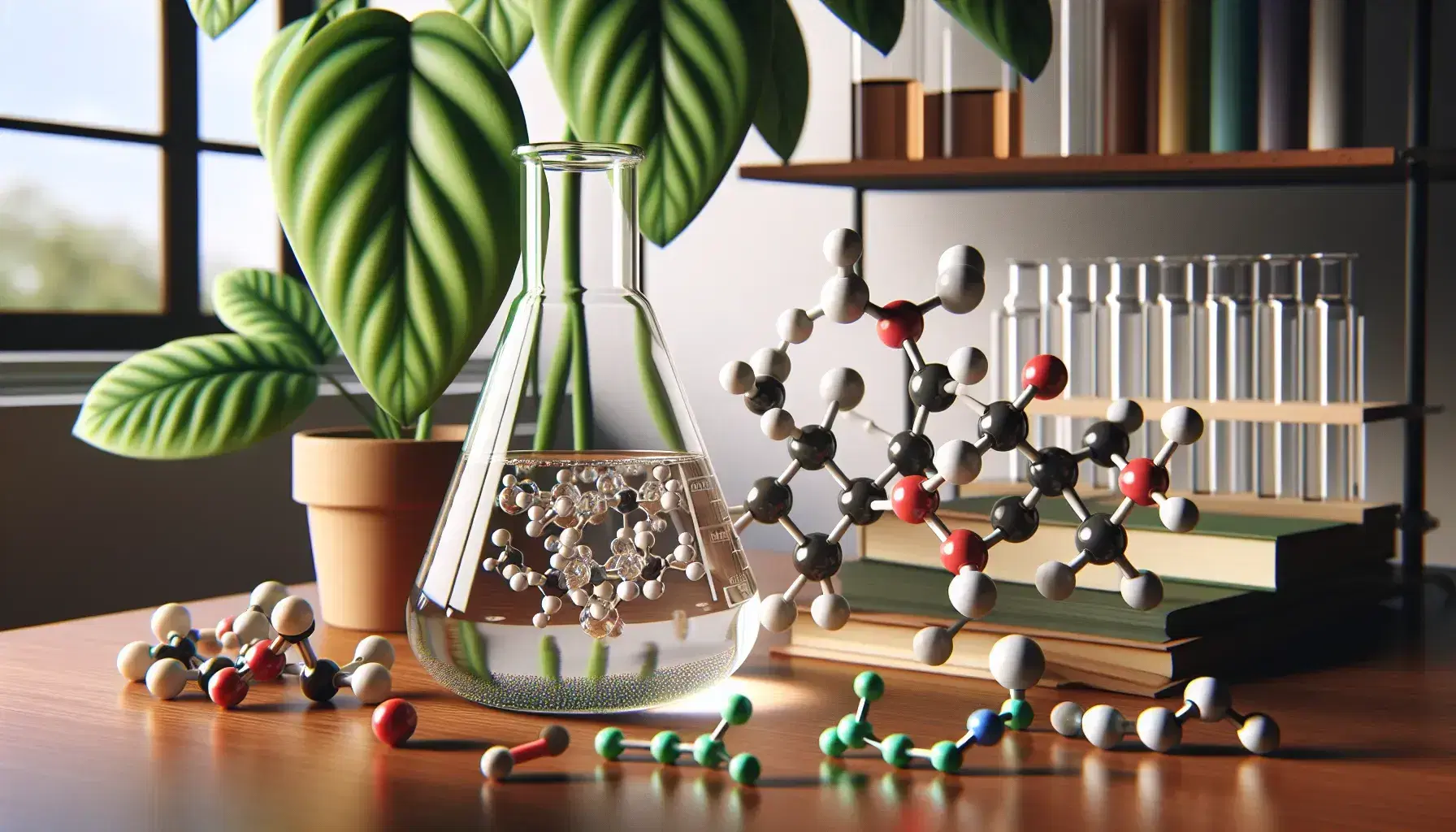 Glass flask with amber liquid on wooden laboratory bench, molecular kit with colored spheres and green plant in terracotta pot.