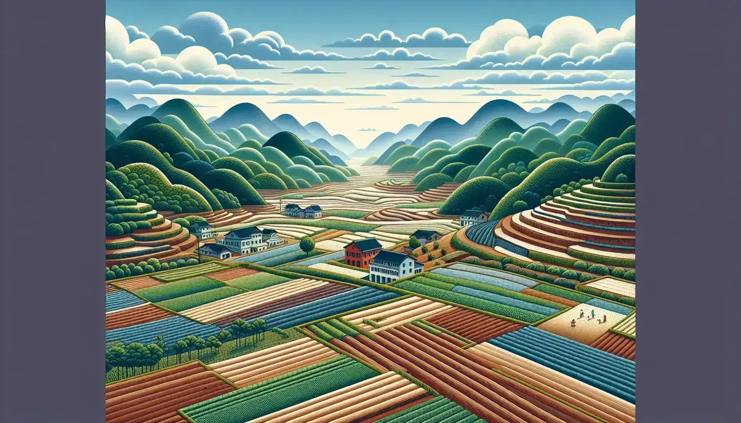 Paisaje natural con campos de cultivo en terrazas, aldea con techos rojos y montañas frondosas bajo un cielo azul con nubes esponjosas.