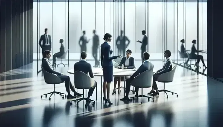Gruppo di professionisti in abiti formali durante una riunione in un ufficio moderno con arredi eleganti e luce naturale.