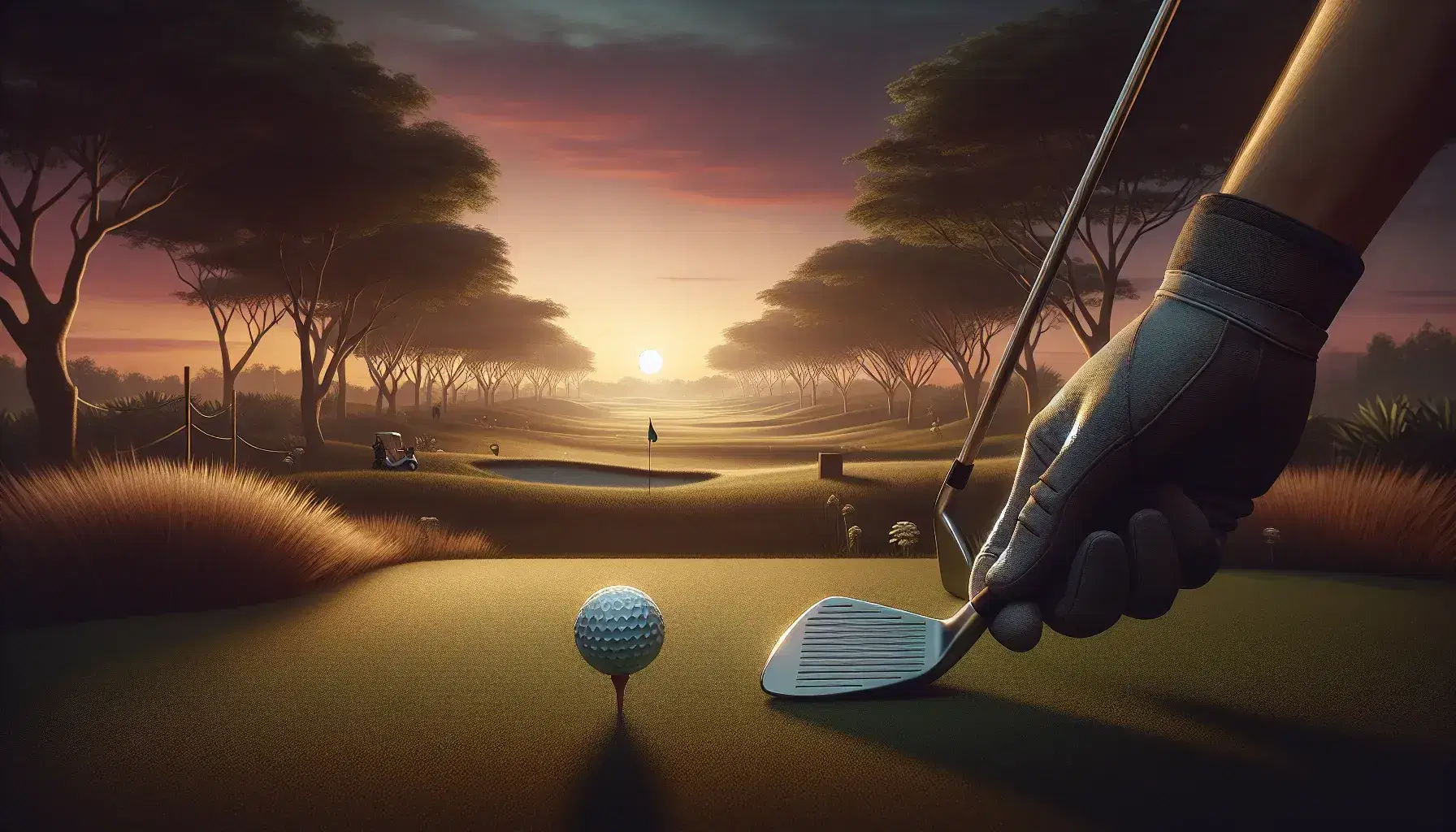 Atardecer en campo de golf con mano enguantada preparando golpe, bola en tee, césped y árboles al horizonte bajo cielo anaranjado y rosado.