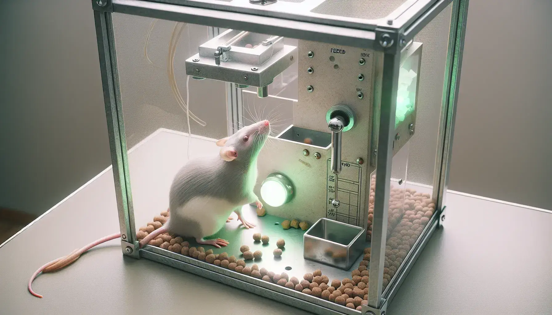 Rata gris claro en caja de Skinner con palanca metálica y dispensador de comida, de pie tocando la palanca y luz verde al lado.