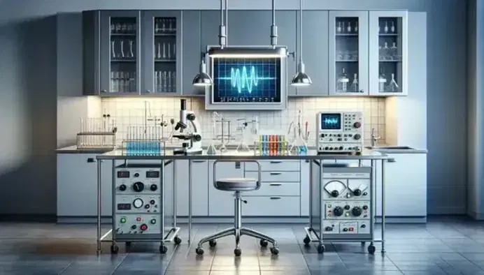 Laboratorio scientifico moderno con tavolo in acciaio, oscilloscopio, generatore di funzioni, provette colorate e microscopio.