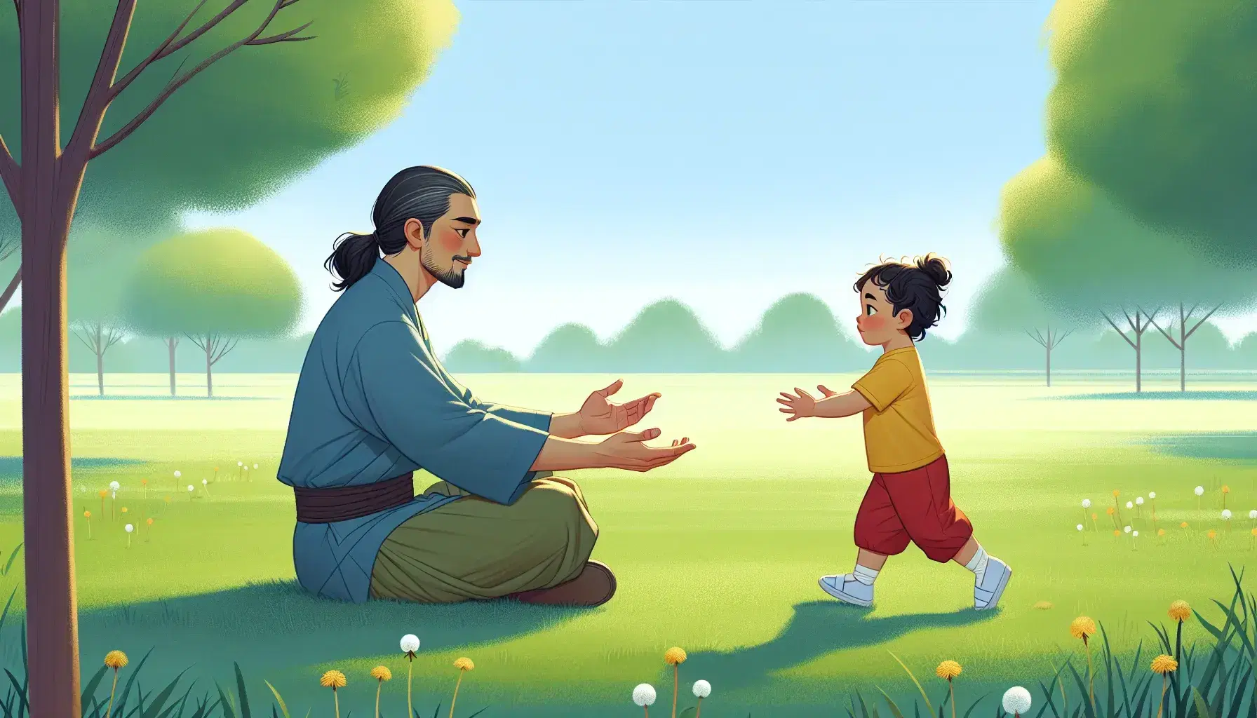 Male assistant of South Asian origin and Hispanic little girl in a park, he sitting on the grass, she walking towards him on a sunny day.