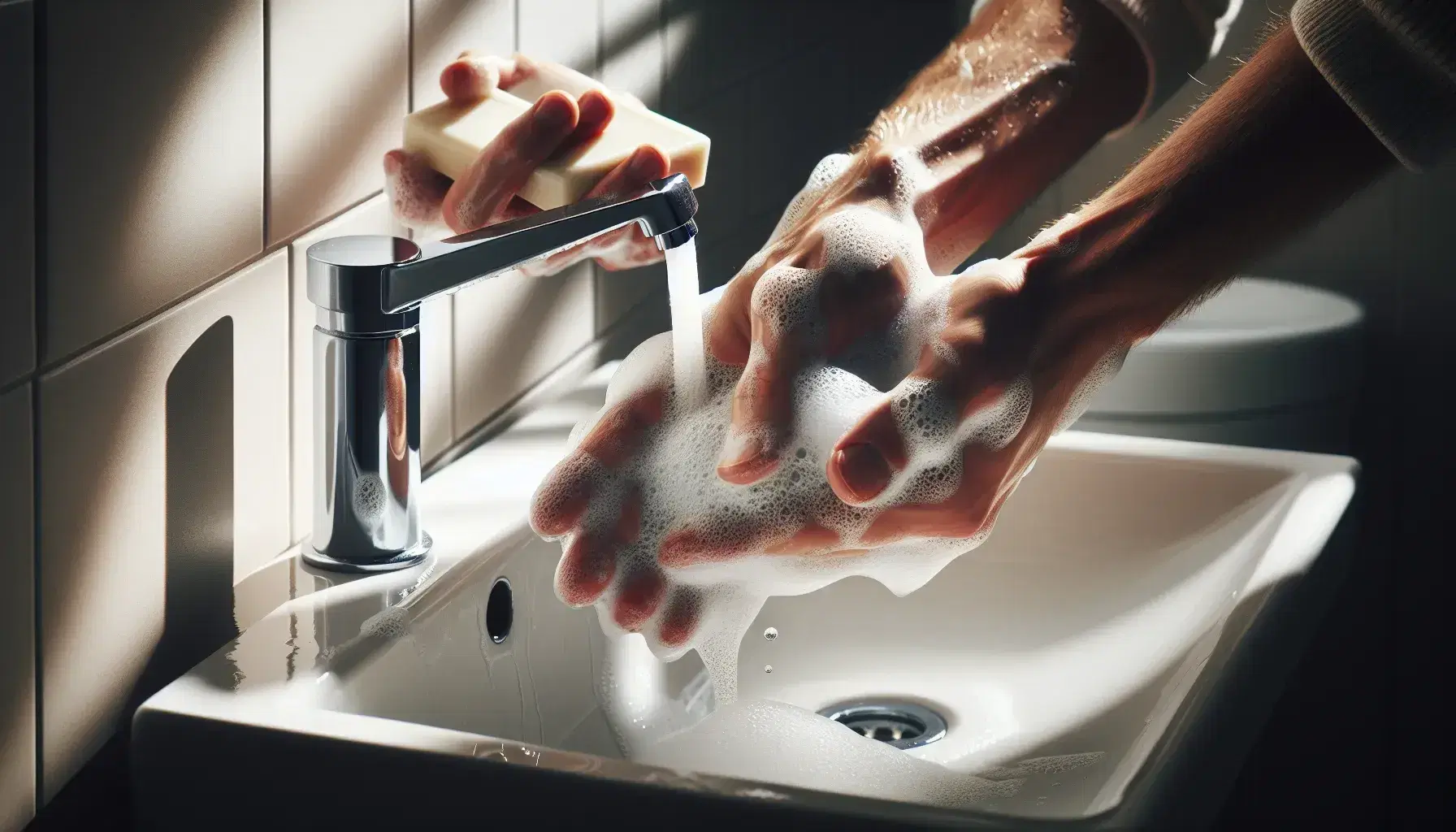 Hands washing thoroughly with soap and abundant foam over a white porcelain sink with silver tap and running water.