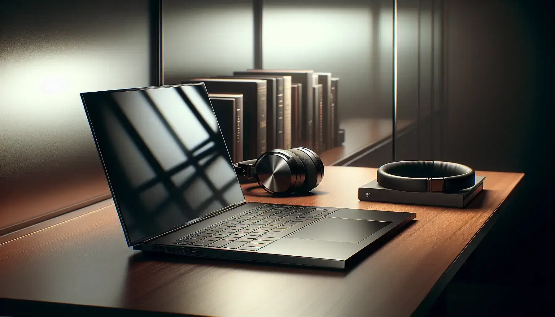 Modern shiny laptop on wooden desk with silver and black wireless headphones, glass partition and blurred bookcase on background.