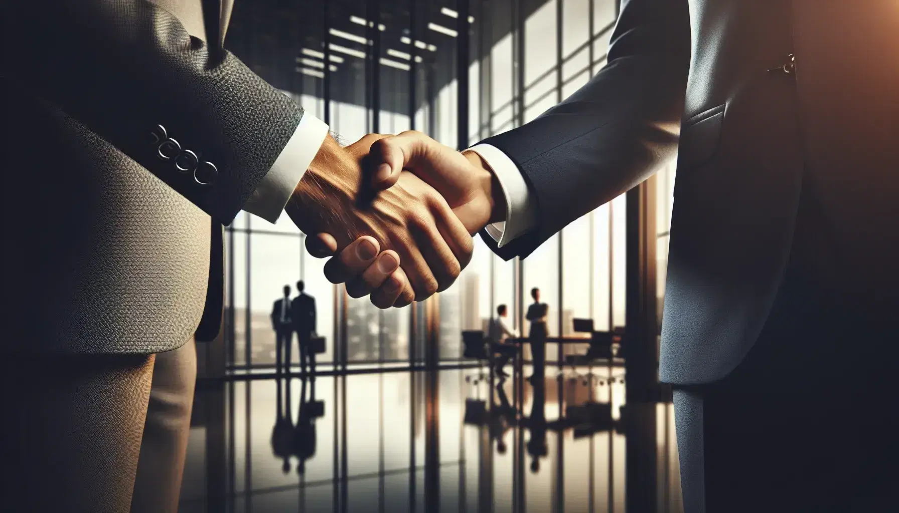Close-up view of a firm handshake between two professionals in a modern office, with a blurred background of colleagues and office interior.