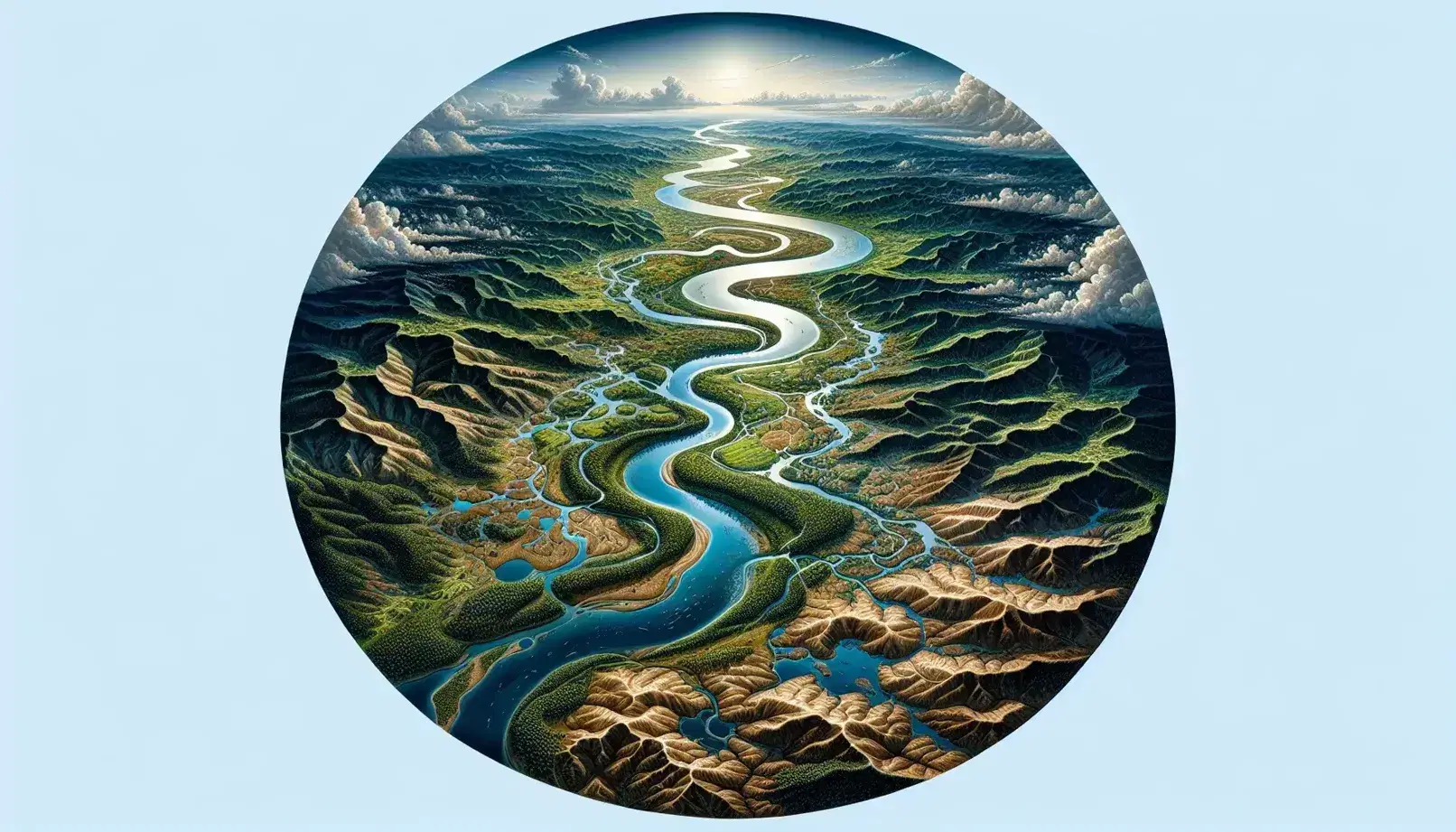 Veduta aerea di un bacino idrografico con fiume serpeggiante, rive verdi e terreni bruni, senza segni di presenza umana.