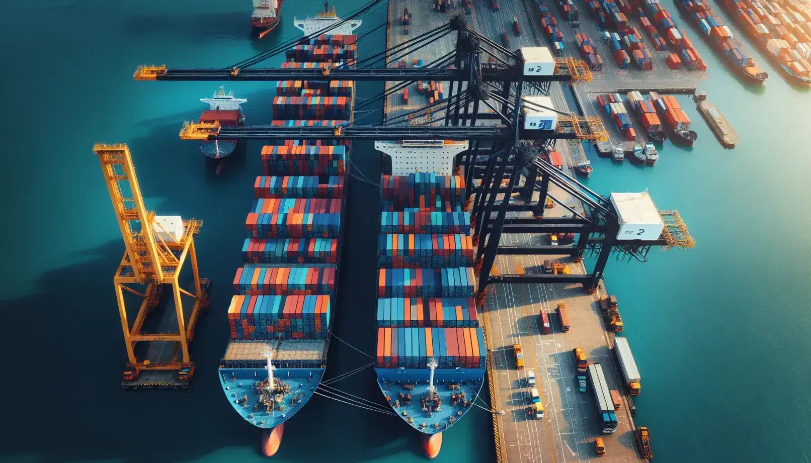 Vista aérea de un puerto marítimo con un gran barco de carga azul oscuro y contenedores coloridos, junto a una grúa portuaria amarilla y vehículos en el muelle.