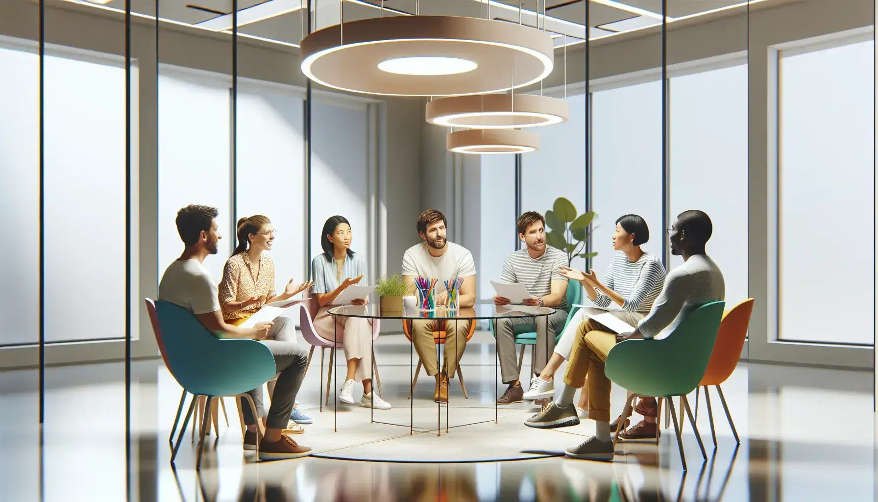 Gruppo multietnico in riunione seduto su sedie colorate attorno a tavolo rotondo con fogli e penne, discutendo in ambiente luminoso.