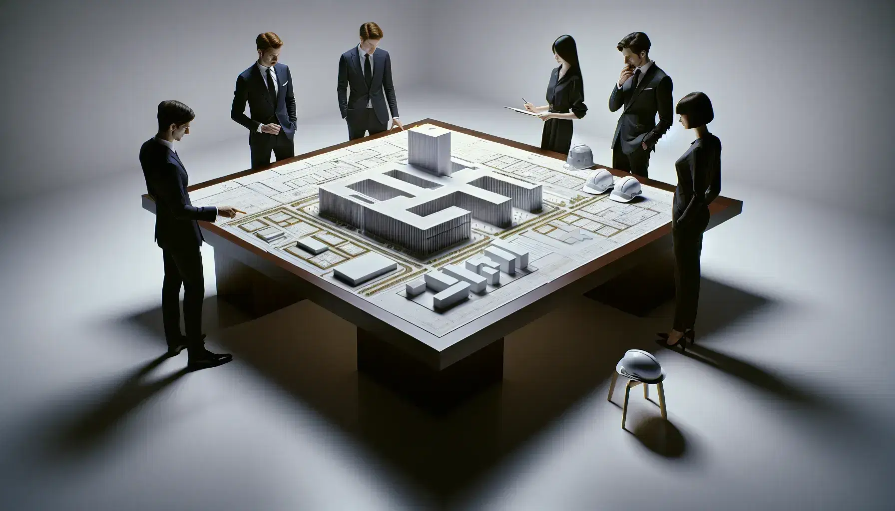 Grupo de cinco profesionales analizando planos arquitectónicos y modelo 3D de edificio sobre mesa, con cascos de seguridad alrededor, en ambiente iluminado.