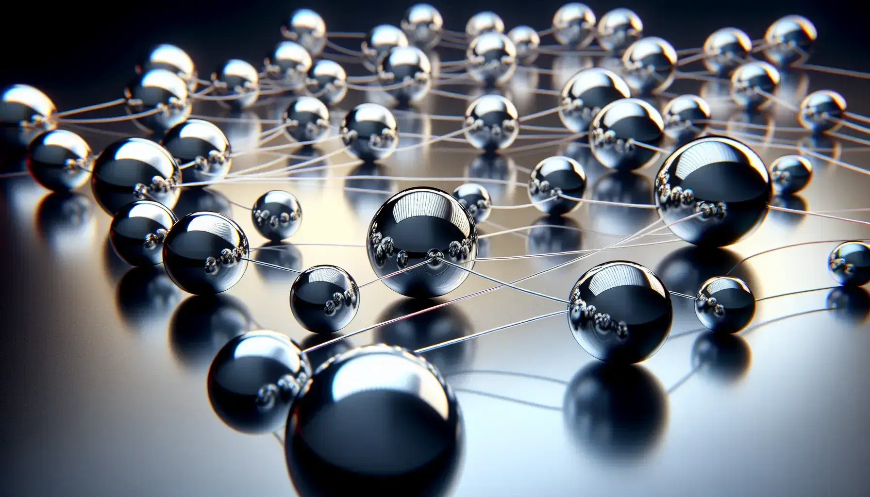Sfere metalliche lucide connesse da filamenti trasparenti su superficie riflettente con effetto specchio e gioco di luci e ombre.