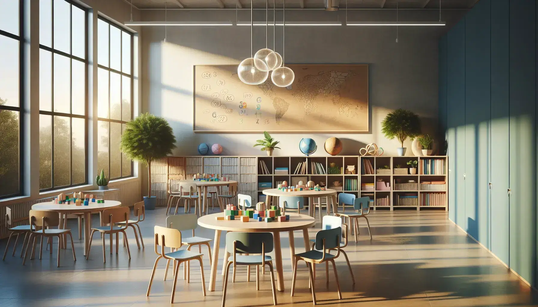 Aula escolar luminosa con mesas redondas y sillas azules, objetos educativos en las mesas, pizarra blanca, estantería con libros y globo terráqueo.