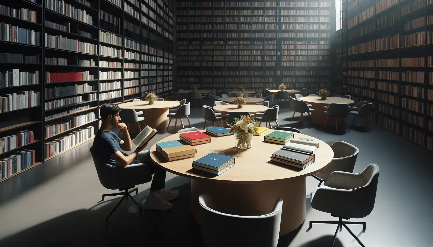 Biblioteca tranquilla con tavolo rotondo e sedie ergonomiche, libri aperti colorati, scaffali pieni, giovane uomo che legge e vaso di fiori freschi.