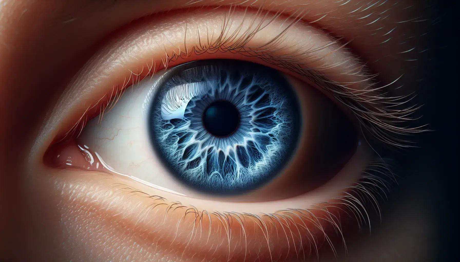 Close-up of a human eye with vibrant blue iris, dilated pupil and long eyelashes, surrounded by natural skin and partially visible eyebrow.