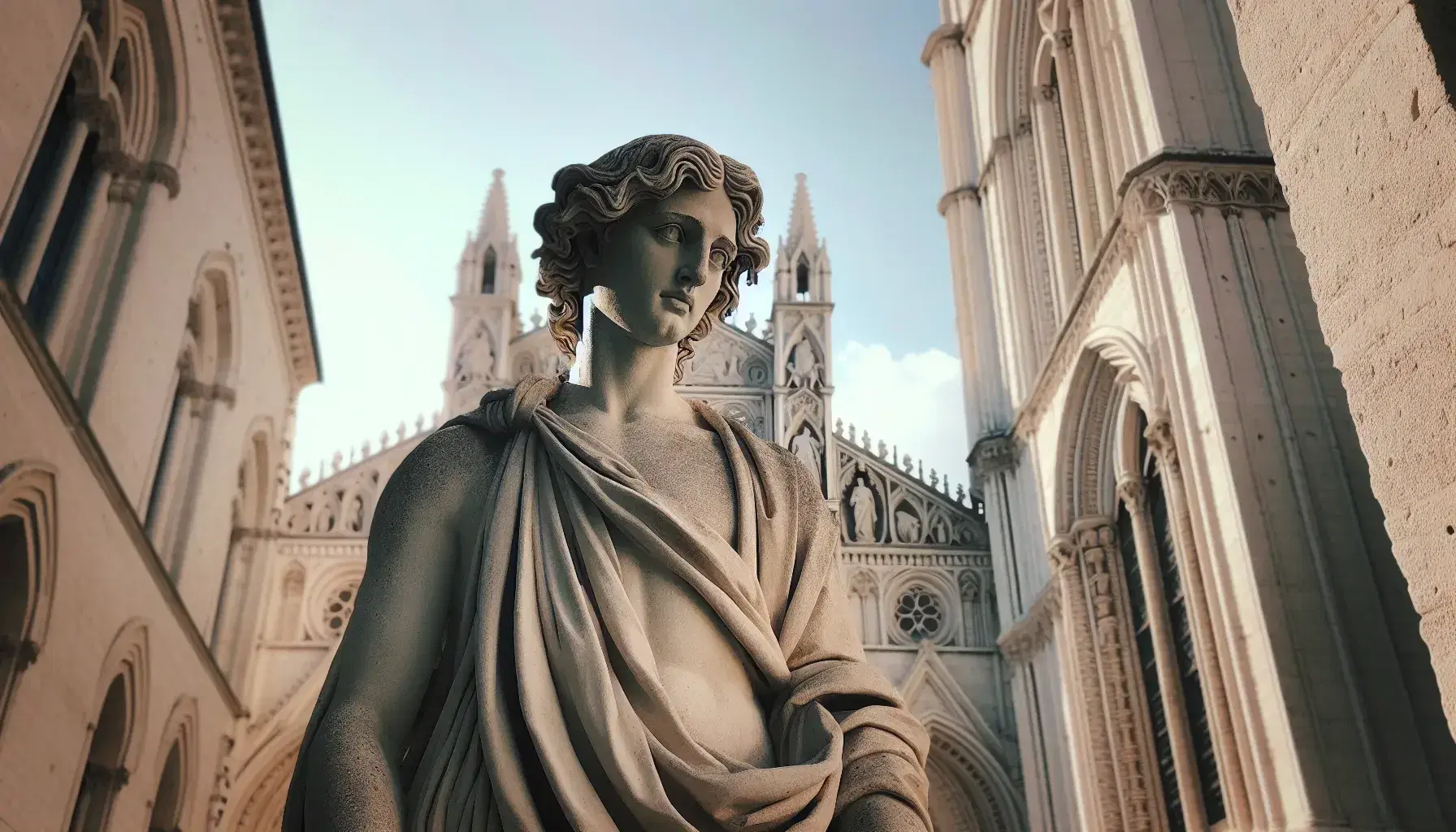 Scultura gotica di figura umana esterna a cattedrale, con abiti drappeggiati e volto sereno, in pietra chiara sotto luce solare con sfondo di archi gotici.