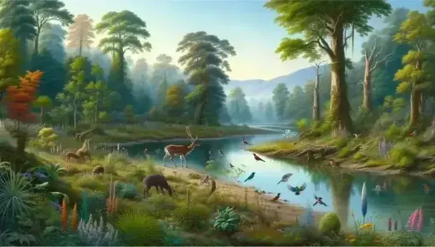 River landscape with drinking deer, colorful birds on branches and in flight, lush trees and green hills under a blue sky with thin clouds.