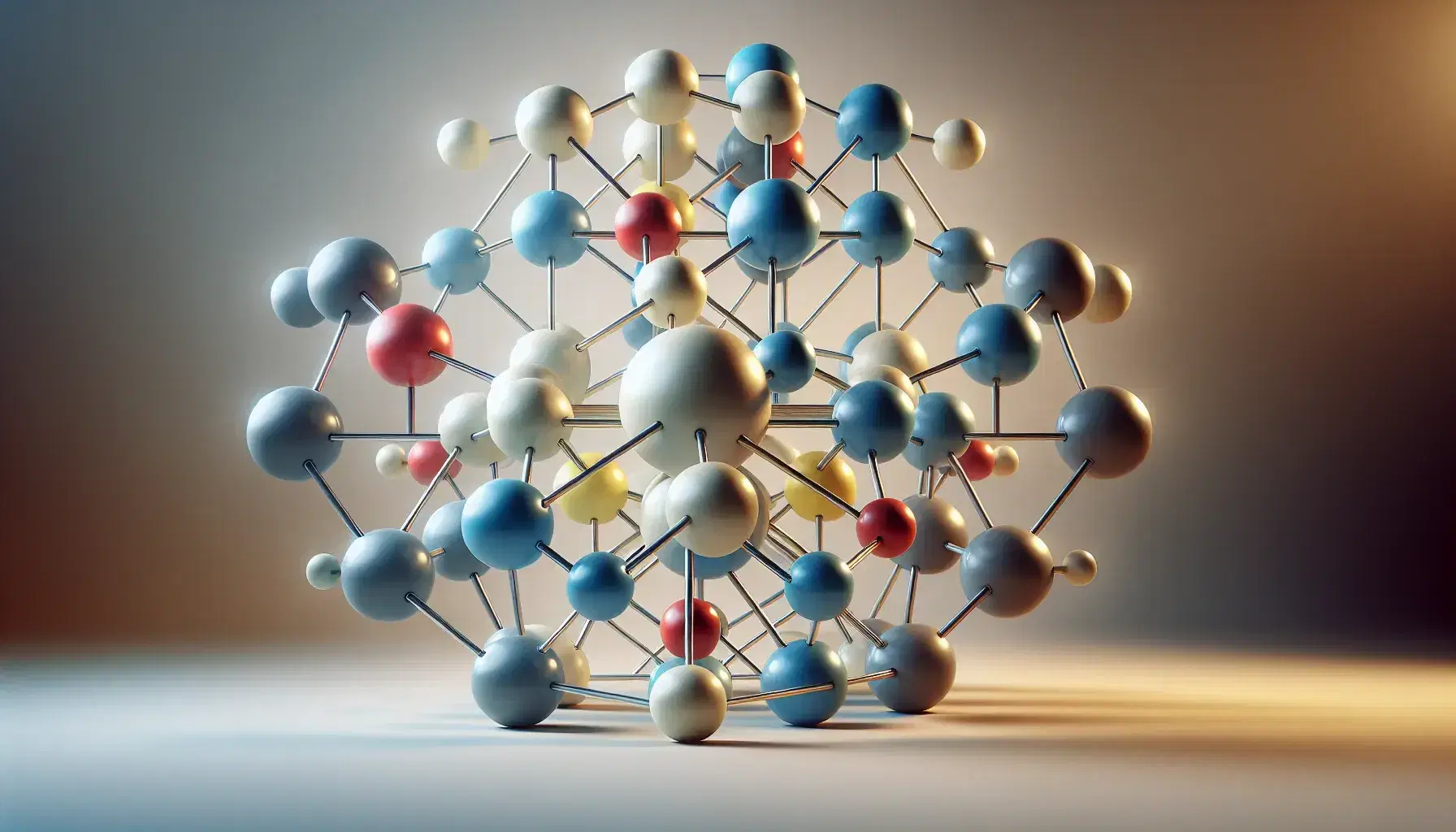 Estructura molecular tridimensional con esferas de colores azul, rojo, amarillo y blanco unidas por varillas que simulan enlaces químicos.