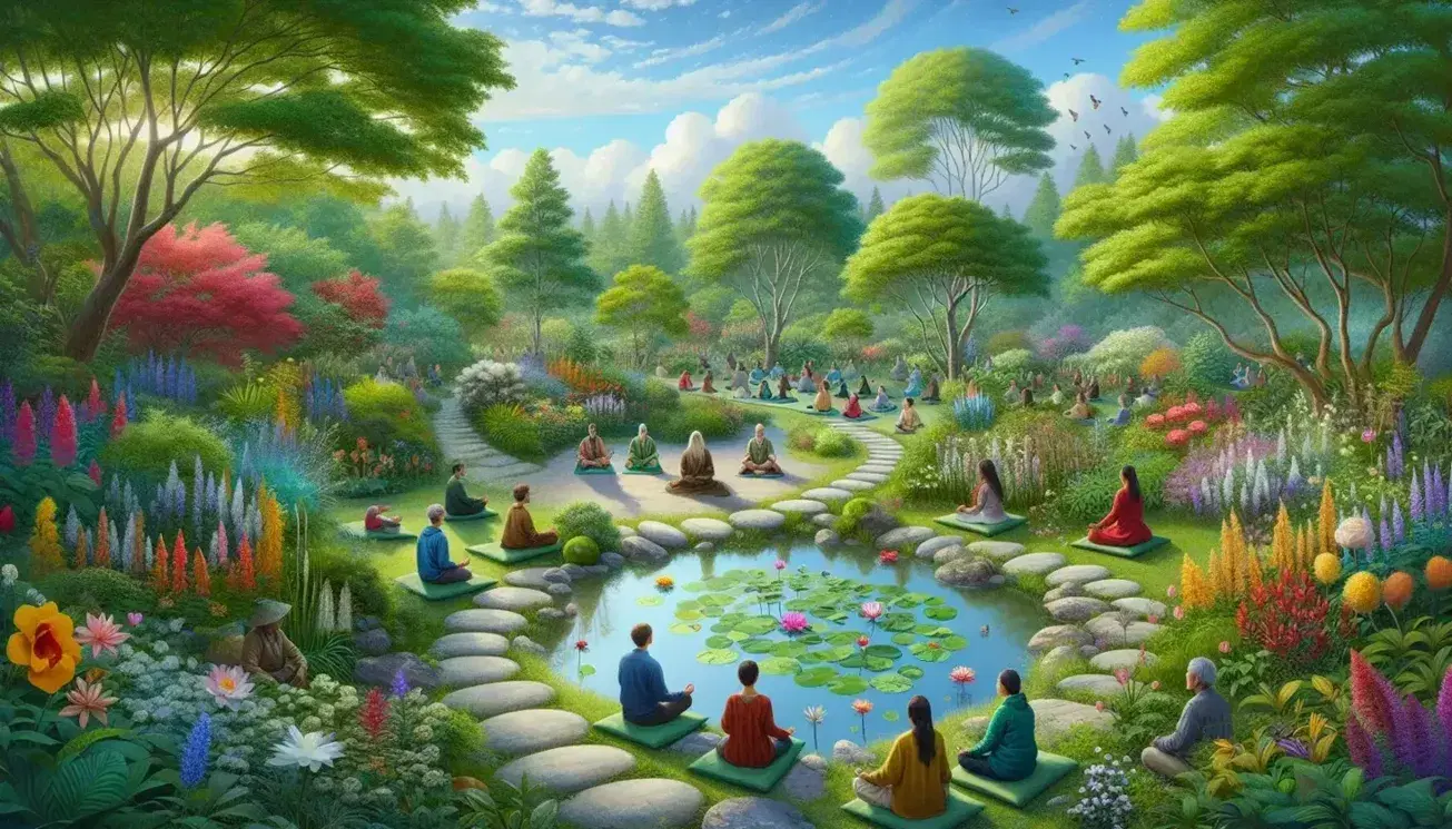 Giardino rigoglioso con sentiero di pietre, stagno, ninfee, rane e gruppo di persone in meditazione tra fiori colorati e alberi.