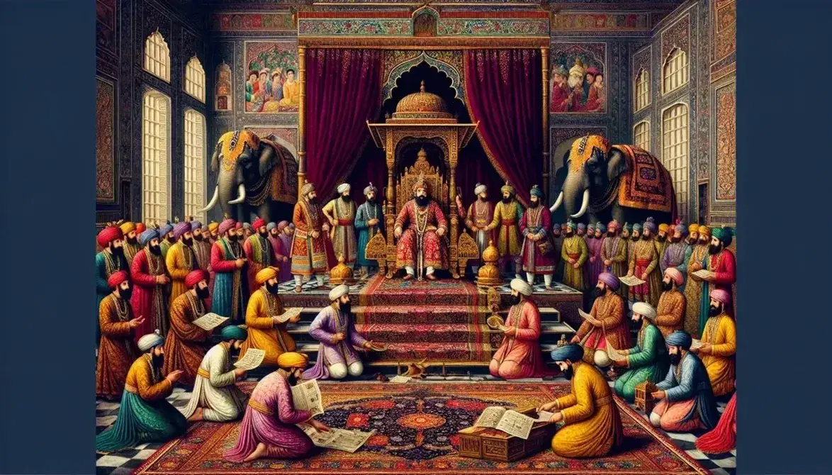 Majestic Mughal emperor on a throne, surrounded by deferential courtiers, with elephants and attendants in a historic court setting.